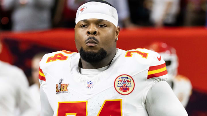 Feb 9, 2025; New Orleans, LA, USA;  Kansas City Chiefs offensive tackle Jawaan Taylor (74) against the Philadelphia Eagles in Super Bowl LIX at Caesars Superdome.