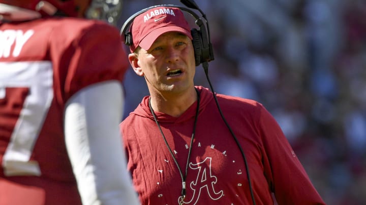 Apr 13, 2024; Tuscaloosa, AL, USA;  Alabama head coach Kalen DeBoer coaches his team during the A-Day scrimmage at Bryant-Denny Stadium. Mandatory Credit: Gary Cosby Jr.-USA TODAY Sports