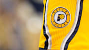Mar 27, 2016; Indianapolis, IN, USA; A view of the Indiana Pacers logo on the shorts of guard George Hill (3) in the game against the Houston Rockets at Bankers Life Fieldhouse. The Indiana Pacers beat the Houston Rockets by the score of 104-101. Mandatory Credit: Trevor Ruszkowski-Imagn Images