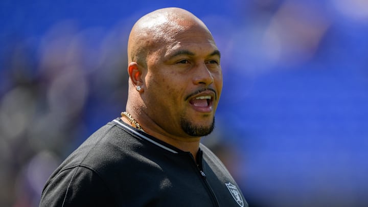 Sep 15, 2024; Baltimore, Maryland, USA; Las Vegas Raiders head coach Antonio Pierce during warms up before a game against the Baltimore Ravens at M&T Bank Stadium. Mandatory Credit: Reggie Hildred-Imagn Images