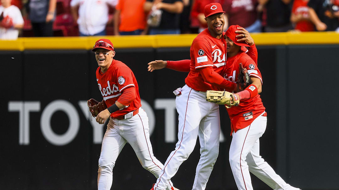 Sep 25, 2025; Cincinnati, Ohio, USA; Cincinnati Reds outfielder Will Benson (30) hugs outfielder Noelvi Marte (16) after the victory over the Pittsburgh Pirates at Great American Ball Park. Mandatory Credit: Katie Stratman-Imagn Images