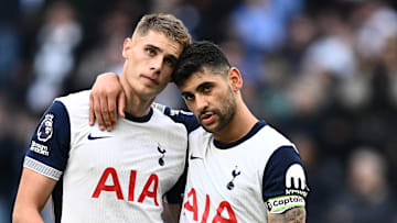 Micky van de Ven and Cristian Romero during the win over West Ham United 