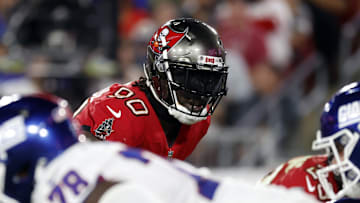 Nov 22, 2021; Tampa, Florida, USA;  Tampa Bay Buccaneers outside linebacker Jason Pierre-Paul (90) looks on against the New York Giants during the second quarter at Raymond James Stadium. Mandatory Credit: Kim Klement-Imagn Images