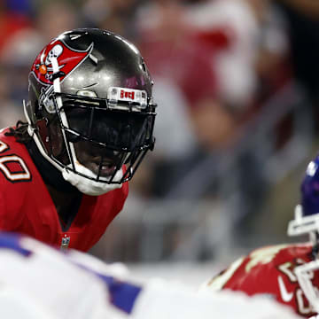 Nov 22, 2021; Tampa, Florida, USA;  Tampa Bay Buccaneers outside linebacker Jason Pierre-Paul (90) looks on against the New York Giants during the second quarter at Raymond James Stadium. Mandatory Credit: Kim Klement-Imagn Images