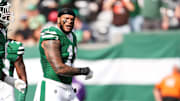 Oct 19, 2025; East Rutherford, New Jersey, USA; New York Jets linebacker Jermaine Johnson (11) celebrates a defensive stop in the first quarter against the Carolina Panthers at MetLife Stadium. Mandatory Credit: Vincent Carchietta-Imagn Images