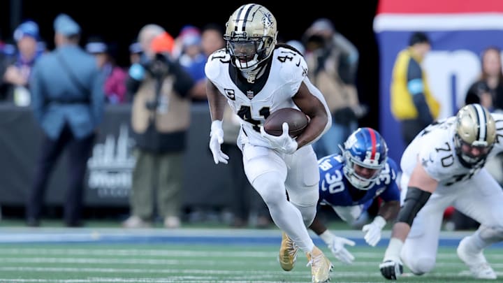New Orleans Saints running back Alvin Kamara runs with the ball against the New York Giants during the second quarter at MetLife Stadium. New Orleans Saints running back Alvin Kamara runs with the ball against the New York Giants during the second quarter at MetLife Stadium.