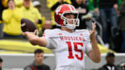 Oct 11, 2025; Eugene, Oregon, USA; Indiana Hoosiers quarterback Fernando Mendoza (15) throws a pass against the Oregon Ducks during the second quarter at Autzen Stadium. Mandatory Credit: Troy Wayrynen-Imagn Images