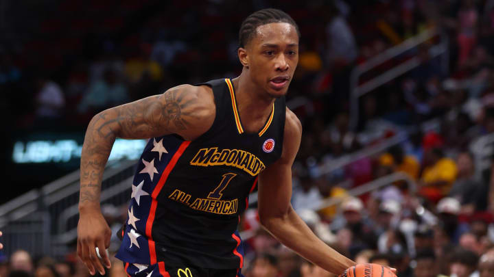 Mar 28, 2023; Houston, TX, USA; West forward Ron Holland (1) during the McDonald's All American Boy's high school basketball game at Toyota Center. Mandatory Credit: Mark J. Rebilas-USA TODAY Sports