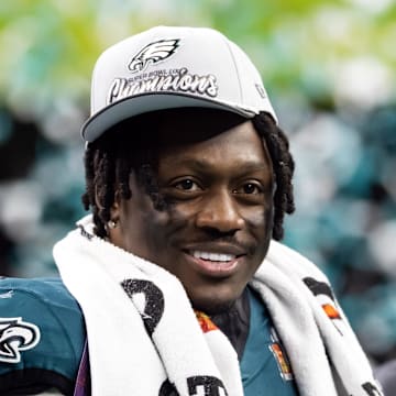 Philadelphia Eagles receiver A.J. Brown celebrates the team winning Super Bowl LIX.