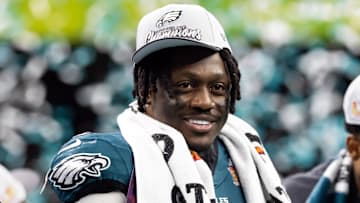 Feb 9, 2025; New Orleans, LA, USA; Philadelphia Eagles wide receiver A.J. Brown (11) celebrates after defeating the Kansas City Chiefs during Super Bowl LIX at Ceasars Superdome. Mandatory Credit: Mark J. Rebilas-Imagn Images
