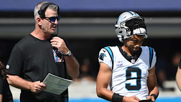 Oct 1, 2023; Charlotte, North Carolina, USA; Carolina Panthers head coach Frank Reich with quarterback Bryce Young (9) in the second quarter at Bank of America Stadium. Mandatory Credit: Bob Donnan-Imagn Images