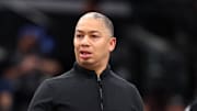 Nov 28, 2025; Inglewood, California, USA;  Los Angeles Clippers Head Coach Tyronn Lue challenges a call during the first half against the Memphis Grizzlies at Intuit Dome. Mandatory Credit: Kiyoshi Mio-Imagn Images