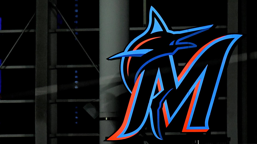 A general view of a illuminated Miami Marlins logo in center field after the Miami Marlins and Philadelphia Phillies split a double header at Marlins Park. 