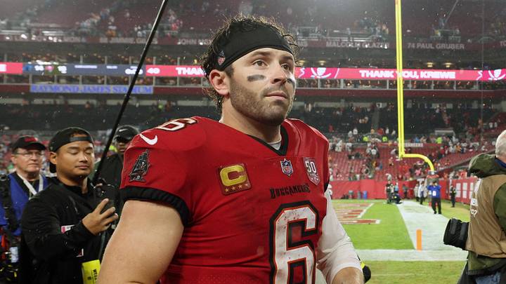 Jan 3, 2026; Tampa, Florida, USA; Tampa Bay Buccaneers quarterback Baker Mayfield (6) leaves the field after defeating the Carolina Panthers at Raymond James Stadium. Mandatory Credit: Nathan Ray Seebeck-Imagn Images