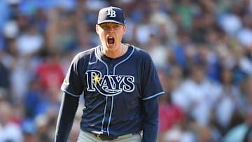 Sep 13, 2025; Chicago, Illinois, USA; Tampa Bay Rays pitcher Pete Fairbanks (29) celebrates after defeating the Chicago Cubs at Wrigley Field. Mandatory Credit: Patrick Gorski-Imagn Images