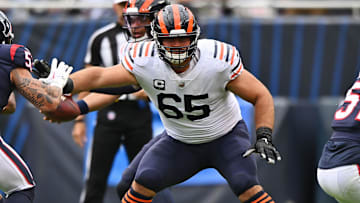 Sep 25, 2022; Chicago, Illinois, USA;  Chicago Bears offensive lineman Cody Whitehair (65) blocks against the Houston Texans at Soldier Field. Chicago defeated Houston 23-20.  