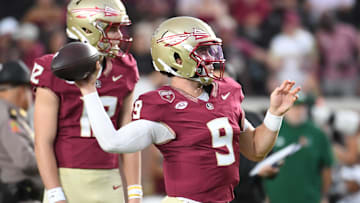 Oct 4, 2025; Tallahassee, Florida, USA; Florida State Seminoles quarterback Kevin Sperry (9) warms up before a game against the Miami Hurricanes at Doak S. Campbell Stadium. Mandatory Credit: Robert Myers-Imagn Images