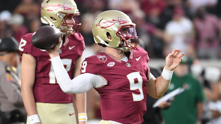 Oct 4, 2025; Tallahassee, Florida, USA; Florida State Seminoles quarterback Kevin Sperry (9) warms up before a game against the Miami Hurricanes at Doak S. Campbell Stadium. Mandatory Credit: Robert Myers-Imagn Images