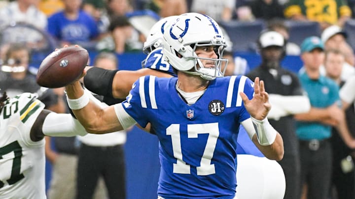 Aug 16, 2025; Indianapolis, Indiana, USA; Indianapolis Colts quarterback Daniel Jones (17) throws a pass during the first half against the Green Bay Packers at Lucas Oil Stadium. 