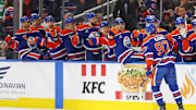 Oct 22, 2024; Edmonton, Alberta, CAN; The Edmonton Oilers celebrate a goal scored by forward Connor McDavid (97) during the first period against the Carolina Hurricanes at Rogers Place. Mandatory Credit: Perry Nelson-Imagn Images