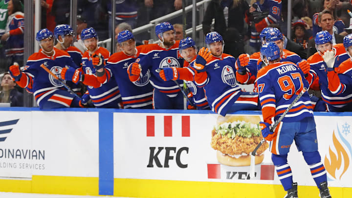 Oct 22, 2024; Edmonton, Alberta, CAN; The Edmonton Oilers celebrate a goal scored by forward Connor McDavid (97) during the first period against the Carolina Hurricanes at Rogers Place. Mandatory Credit: Perry Nelson-Imagn Images