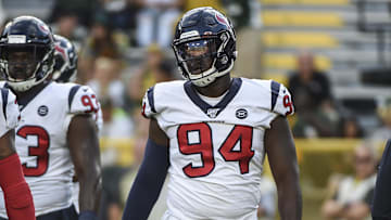 Aug 8, 2019; Green Bay, WI, USA; Houston Texans defensive end Charles Omenihu (94) warms up before game against the Green Bay Packers at Lambeau Field. Mandatory Credit: Benny Sieu-Imagn Images