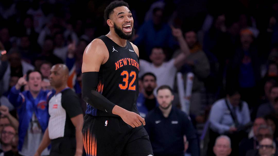 Apr 28, 2026; New York, New York, USA; New York Knicks center Karl-Anthony Towns (32) reacts during the second quarter of game five of the first round of the 2026 NBA Playoffs against the Atlanta Hawks at Madison Square Garden. Mandatory Credit: Brad Penner-Imagn Images