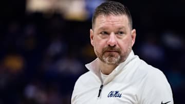 Feb 8, 2025; Baton Rouge, Louisiana, USA;  Mississippi Rebels head coach Chris Beard against the LSU Tigers during the second half at Pete Maravich Assembly Center. Mandatory Credit: Stephen Lew-Imagn Images