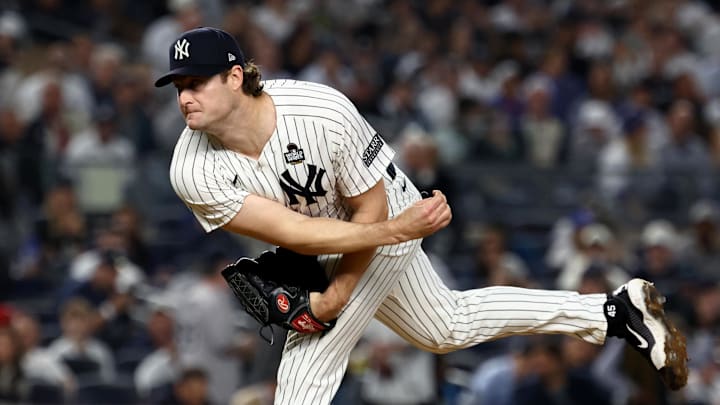 New York Yankees pitcher Gerrit Cole throws a pitch.
