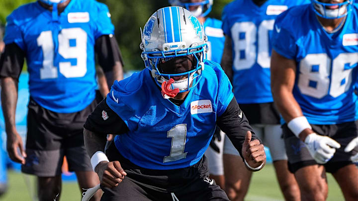 Detroit Lions wide receiver Jameson Williams (1) practices during training camp at team's Performance Center