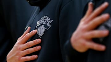 Dec 22, 2017; Detroit, MI, USA; A view of the Knicks logo on a players jacket during the national anthem prior to the game against the Detroit Pistons at Little Caesars Arena. Mandatory Credit: Aaron Doster-Imagn Images