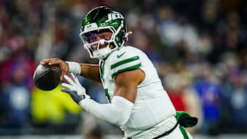 Nov 13, 2025; Foxborough, Massachusetts, USA; New York Jets quarterback Justin Fields (7) looks to pass the ball against the New England Patriots in the third quarter at Gillette Stadium. Mandatory Credit: David Butler II-Imagn Images
