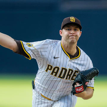 Aug 9, 2025; San Diego, California, USA; San Diego Padres starting pitcher Michael King (34) throws a pitch during the first inning against the Boston Red Sox at Petco Park. Mandatory Credit: David Frerker-Imagn Images