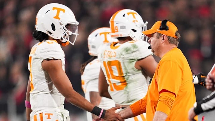 Tennessee head coach Josh Heupel and Tennessee quarterback Nico Iamaleava (8) during a college football game between Tennessee and Georgia at Sanford Stadium in Athens, Ga., on Saturday, November 16, 2024.