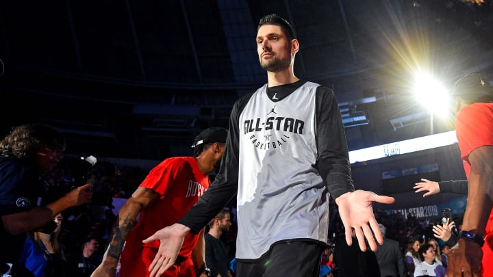 Feb 16, 2019; Charlotte, NC, USA; Nikola Vucevic is introduced during NBA All-Star Game practice at the Bojangles Coliseum.