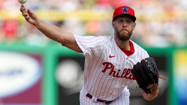 Philadelphia Phillies pitcher Zack Wheeler (45) throws a pitch against the New York Yankees in the second inning during spring training at BayCare Ballpark.