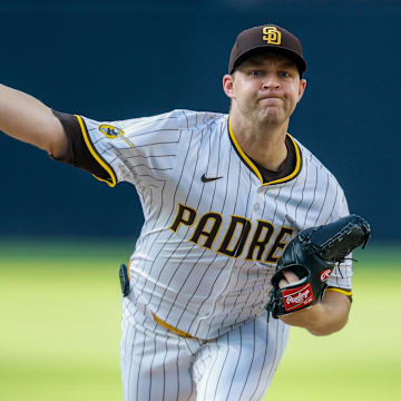 Aug 9, 2025; San Diego, California, USA; San Diego Padres starting pitcher Michael King (34) throws a pitch during the first inning against the Boston Red Sox at Petco Park. Mandatory Credit: David Frerker-Imagn Images