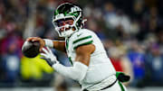 Nov 13, 2025; Foxborough, Massachusetts, USA; New York Jets quarterback Justin Fields (7) looks to pass the ball against the New England Patriots in the third quarter at Gillette Stadium. Mandatory Credit: David Butler II-Imagn Images