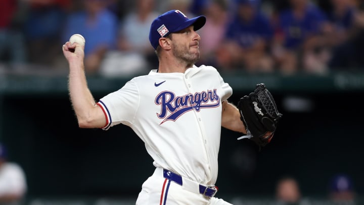 Jul 20, 2024; Arlington, Texas, USA; Texas Rangers starting pitcher Max Scherzer (31) throws against the Baltimore Orioles in the first inning at Globe Life Field.