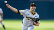 Aug 9, 2025; San Diego, California, USA; San Diego Padres starting pitcher Michael King (34) throws a pitch during the first inning against the Boston Red Sox at Petco Park. Mandatory Credit: David Frerker-Imagn Images