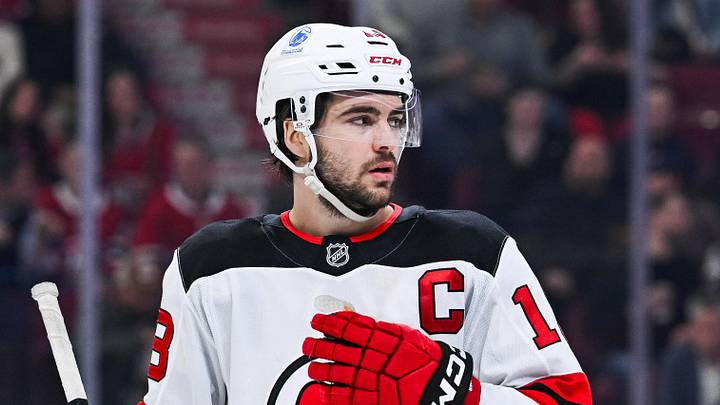 Apr 5, 2026; Montreal, Quebec, CAN; New Jersey Devils center Nico Hischier (13) looks on against the Montreal Canadiens during the third period at Bell Centre. Mandatory Credit: David Kirouac-Imagn Images