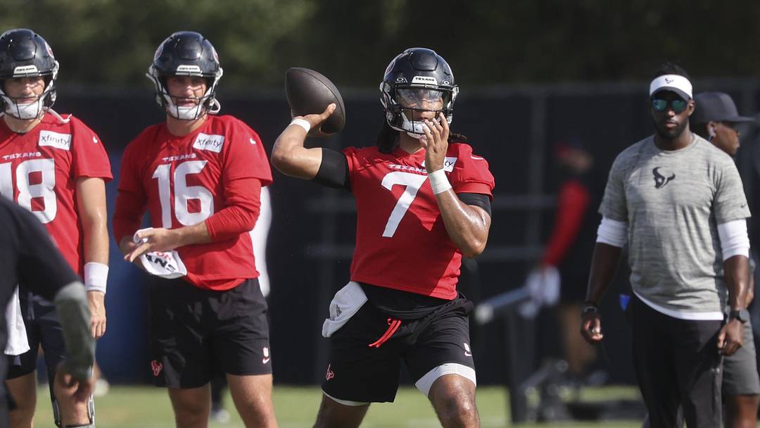 Jul 24, 2025; Houston, TX, USA; Houston Texans quarterback C.J. Stroud (7) during training camp at Houston Methodist Training Center. Mandatory Credit: Troy Taormina-Imagn Images