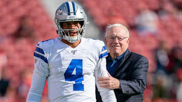 August 10, 2019; Santa Clara, CA, USA; Dallas Cowboys quarterback Dak Prescott (4) and owner Jerry Jones (right) before the game against the San Francisco 49ers at Levi's Stadium. Mandatory Credit: Kyle Terada-Imagn Images