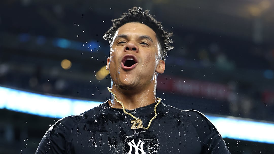 Juan Soto of the New York Yankees celebrates a walk off against the Boston Red Sox