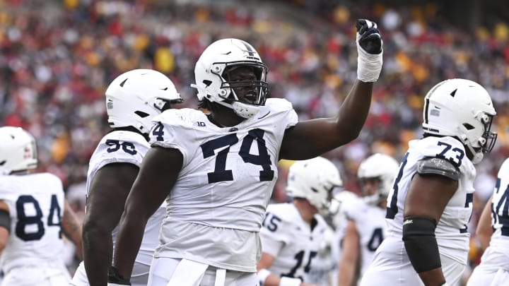 Nov 4, 2023; College Park, Maryland, USA; Penn State Nittany Lions offensive lineman Olumuyiwa Nov 4, 2023; College Park, Maryland, USA; Penn State Nittany Lions offensive lineman Olumuyiwa