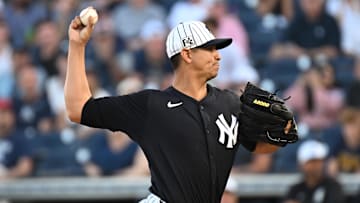 Mar 19, 2025; Tampa, Florida, USA; New York Yankees starting pitcher Carlos Carrasco (59) throws a pitch in the first inning against the Atlanta Braves during spring training at George M. Steinbrenner Field. Mandatory Credit: Jonathan Dyer-Imagn Images