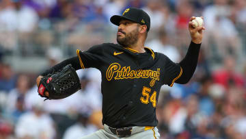 Jun 28, 2024; Atlanta, Georgia, USA; Pittsburgh Pirates starting pitcher Martin Perez (54) throws against the Atlanta Braves in the first inning at Truist Park. Mandatory Credit: Brett Davis-USA TODAY Sports