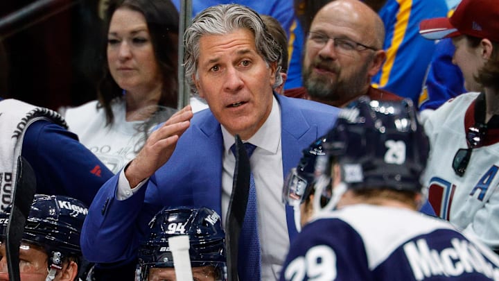 Apr 5, 2026; Denver, Colorado, USA; Colorado Avalanche head coach Jared Bednar on the bench in the first period against the St. Louis Blues at Ball Arena. Mandatory Credit: Isaiah J. Downing-Imagn Images
