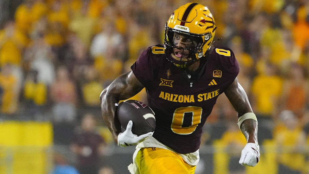 Arizona State wide receiver Jordyn Tyson (0) runs after a reception against NAU during a game at Mountain America Stadium in Tempe on Aug. 30, 2025.