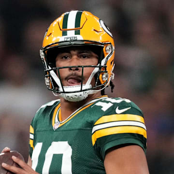 Green Bay Packers quarterback Jordan Love drops to throw during the second half against the Philadelphia Eagles in Brazil